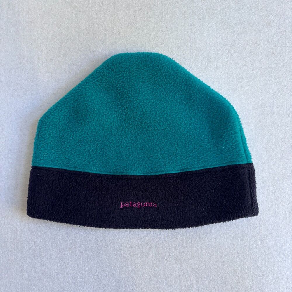 VTG 90s Patagonia Synchilla Fleece Hat Beanie Colorblock Teal Black USA Large